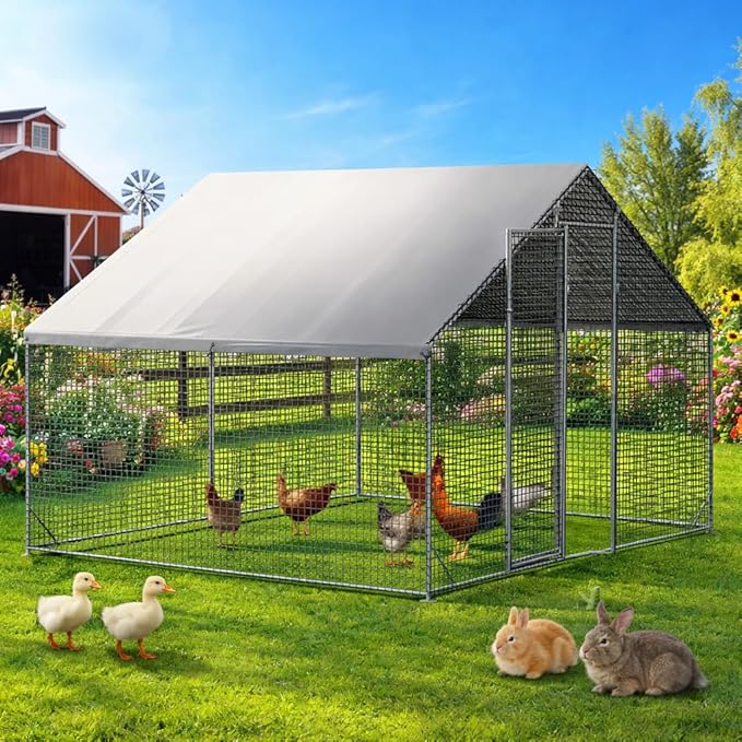 LEVELEVE Large Walk-in Chicken Coop with Chicken Run, Galvanized Poultry Enclosure with Waterproof Anti-UV Cover and Security Lock, Ideal for Rabbit, Duck, Backyard and Farm Yard，9.8'x 6.6'x 6.6'