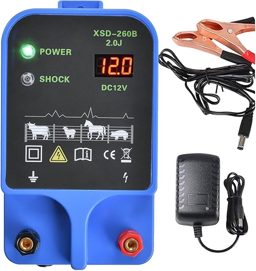 Electric Fence Charger 10km 2J High Power Pulse Electric Fencing Controller 10.5kv Portable Electric Fencer Kit For Garden Farm Poultry Livestock Goat Cattle Horse Deer Electric Netting Fencer Charger