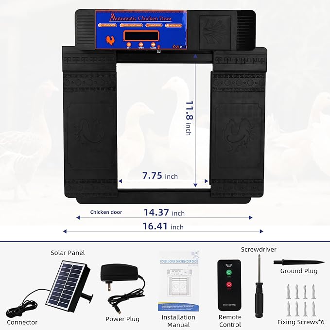 Solar Automatic Chicken Coop Door - Infrared Anti-Pinch Light Sensor & Remote Control Poultry Door for Chicken, Duck & Goose (Black)