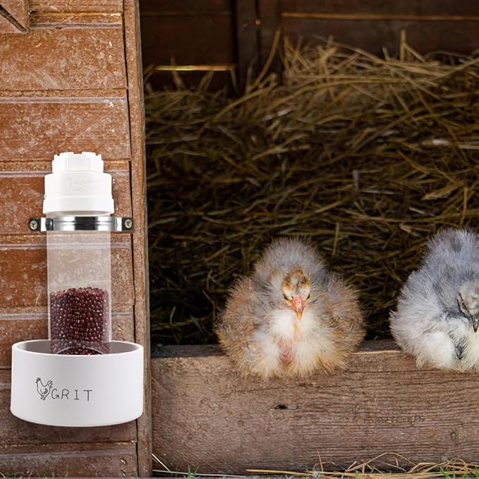 2 Pack Transparent PVC Chicken Feeder, Oyster Shell and Grit Feeder Hanging Ground Chicken Coop Feeder with Hanging Hook for Hens & Chicks (White)