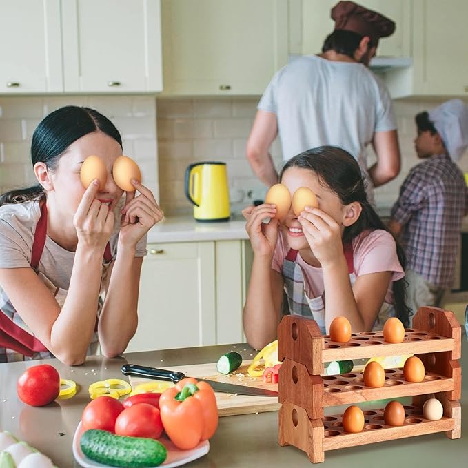 Patelai 3 Tier 54-hole Wooden Egg Holder Countertop Stackable Egg Storage Trays Organizer Eggs Container Rack for Rustic Home Kitchen Easter Decoration