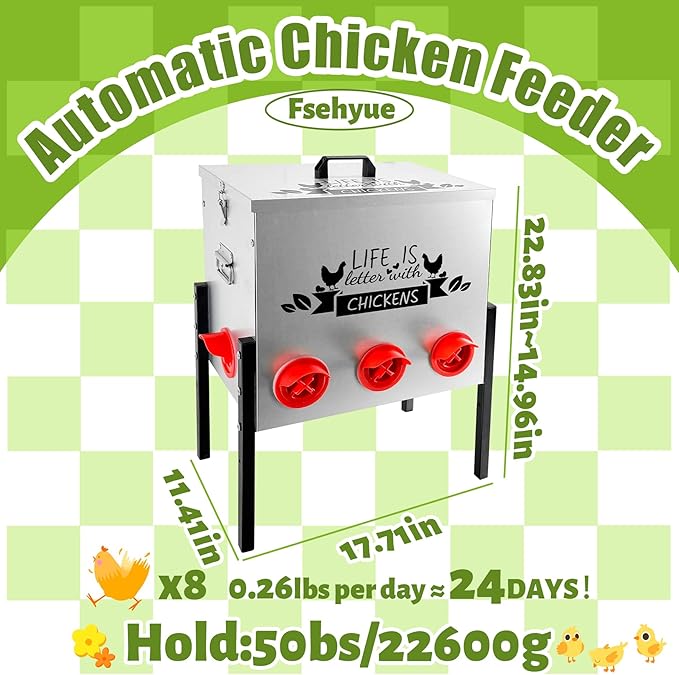 50LB Large Automatic Chicken Feeder Galvanized Metal Chicken Feeders with 8 Feeding Ports No Waste Outdoor Poultry Feeder with Adjustable Height Legs and Locking Lid for Chickens and Ducks