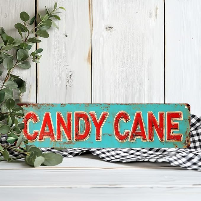 Vintage Style Christmas Street Decor 'Candy Cane' Metal Sign, 16x4 Inch - Distressed Finish Decorative Sign For Home, Porch, Garden, Garage, Cafe Wall/Gate Hanging Plaque, Christmas Decor