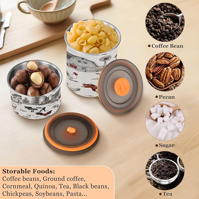 Rustic Farmhouse Animals Coffee Canister 17oz Stainless Steel Airtight Food Storage Container with Lid for Beans/Cereal Preserval