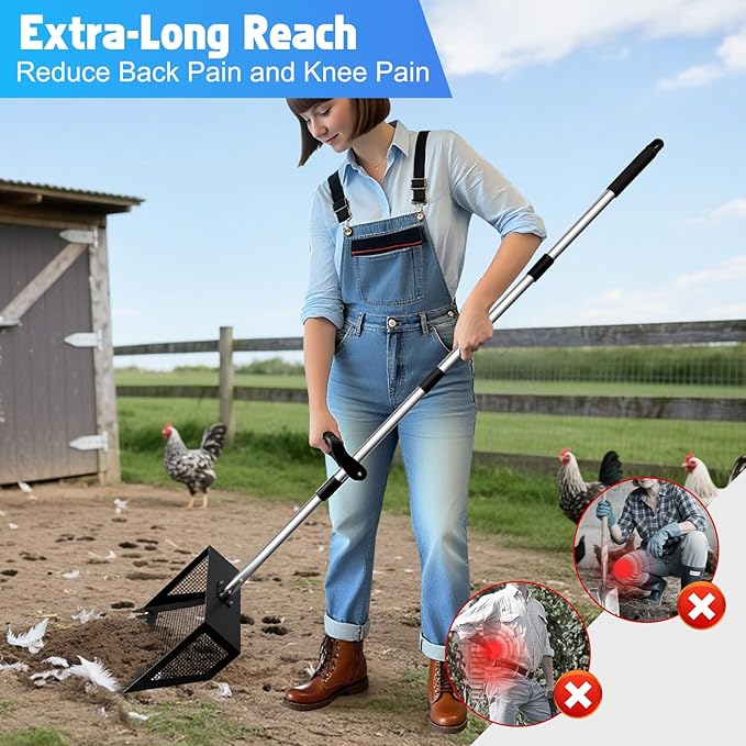 15 Inch Extra Large Chicken Poop Scooper Adjustable Scooper with Ergonomic Grip Sifting Litter Shovel Chicken Coop Scoop