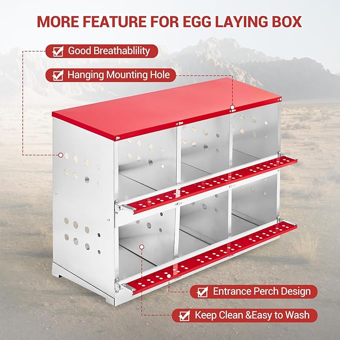 Heavy Duty Metal Chicken Nesting Box – 6 Compartments, Roll-Away Egg Tray, Vented Design, Pull-Out Cleaning Tray, Swing Perch, Wall Mount, Without Cover-Red, 96×48×71cm