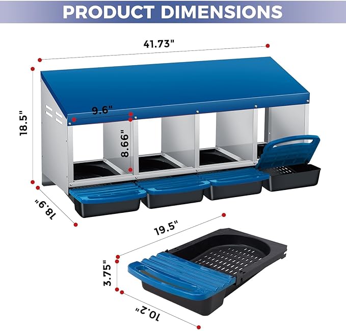 Chicken Nesting Boxes, Metal Rollaway Chicken Nest Box with Rollout Egg Collection, Removable Tray & Nesting Pads, Egg Laying Box for Chicken Coop Hens, Wall Mount or Standing, 4 Compartments, Blue