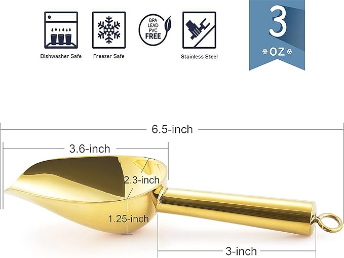 Mini Ice Scoop Set of 8, E-far 3 Ounce Gold Stainless Steel Scoops for Candy/Flour/Sugar, Small Metal Scoops for Party/Canisters Jars/Kitchen Bar/Ice Maker, Rust Proof & Dishwasher Safe