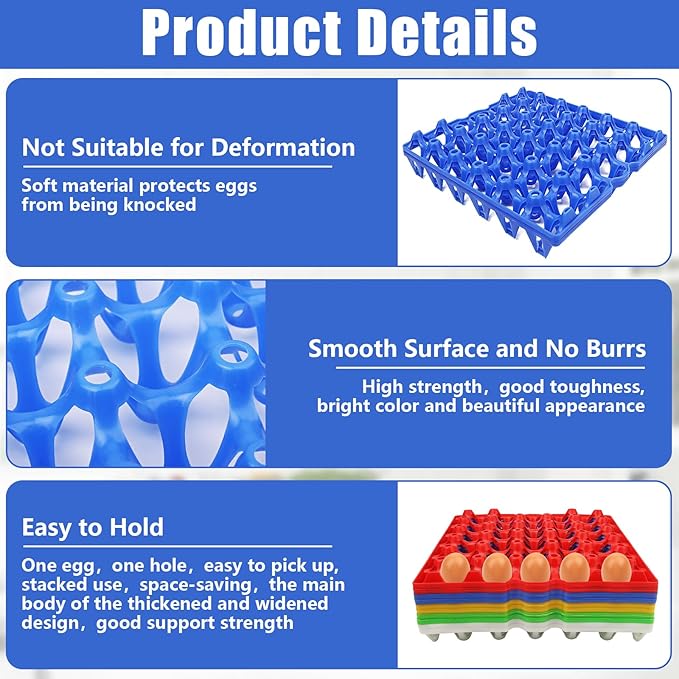 10 Pack Bulk Stackable Plastic Egg Cartons 30 Egg Capacity Egg Trays for Home Chicken Farmers Multifunctional Egg Crates Ideal for Storing Shipping Fresh Eggs, Available in 5 Assorted Colors