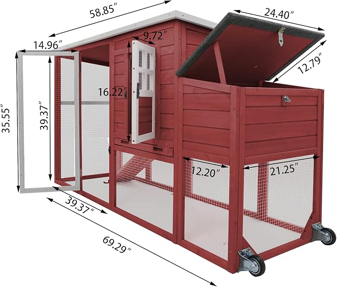 PetsCosset 75" Chicken Coop Backyard with Wheels Nesting Box Waterproof Removable Tray and Ramp Large Hen House for 1-4 Chickens