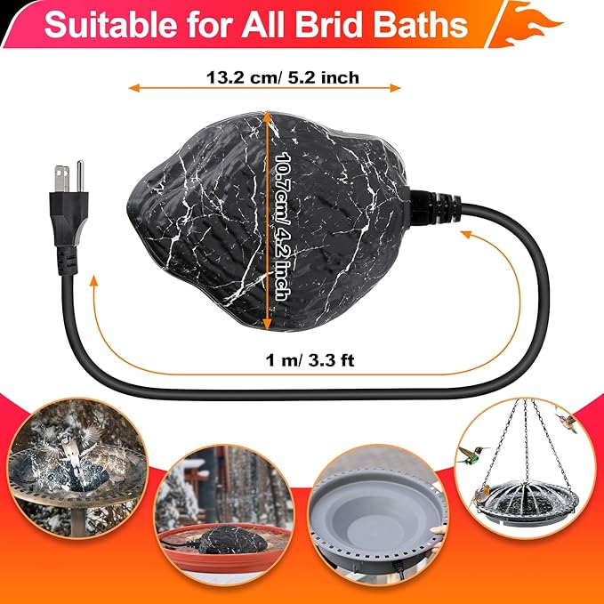 Saillong Bird Bath Deicer Heated Rock, 80W Submersible Utility Decorative De Icer, Thermostatic Controlled Winter Water Heater with Aluminum Base for Outdoor Bird, Chicken, Duck (1 Pack,Black)