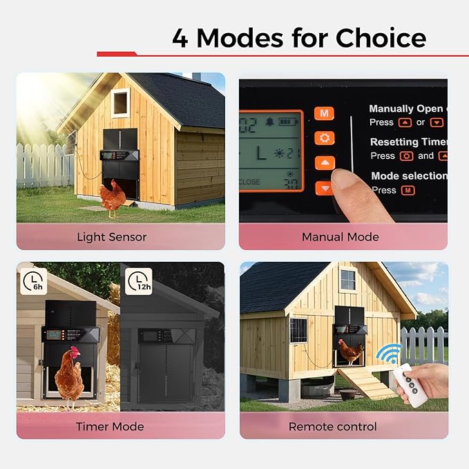 Automatic Chicken Coop Door Solar Powered, 4 Modes Automatic Chicken Door with Timer & Light Sensor, 7W Solar Charging Panel, Waterproof Aluminum Alloy Chicken Door with LED Screen (Black)