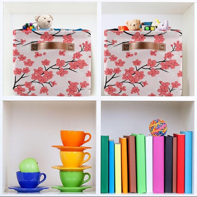 JIPONI Cherry Blossoming Fabric Storage Bins for Shelves, Decorative Storage baskets for organizing, Closet Organizer with Handle for Cloth, Toys, Bedrooms, Farmhouse