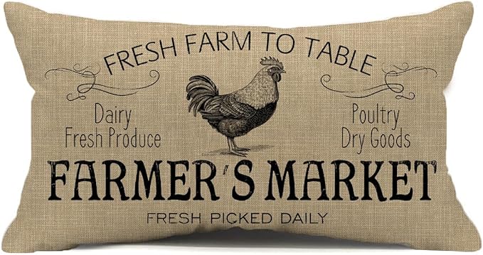 Retro Farmhouse Chicken Pillow Covers 12x20 inch Vintage Thanksgiving Day Farmer's Market Cock Poultry Goods Dairy Fresh Produce Lumbar Pillow Farm Decor Throw Cushion Case for Home Couch Pillowcase