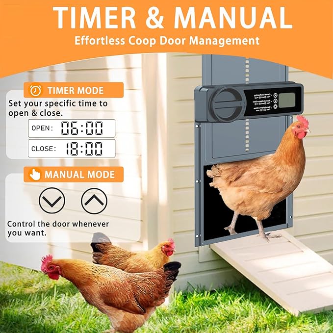Automatic Chicken Coop Door, Large Chicken Door with Timer & Manual Control, Anti-Pinch Sensor, Low Battery Warning,Waterproof Aluminum Chicken Coop Opener with LCD Display, Battery Powered (Blue)