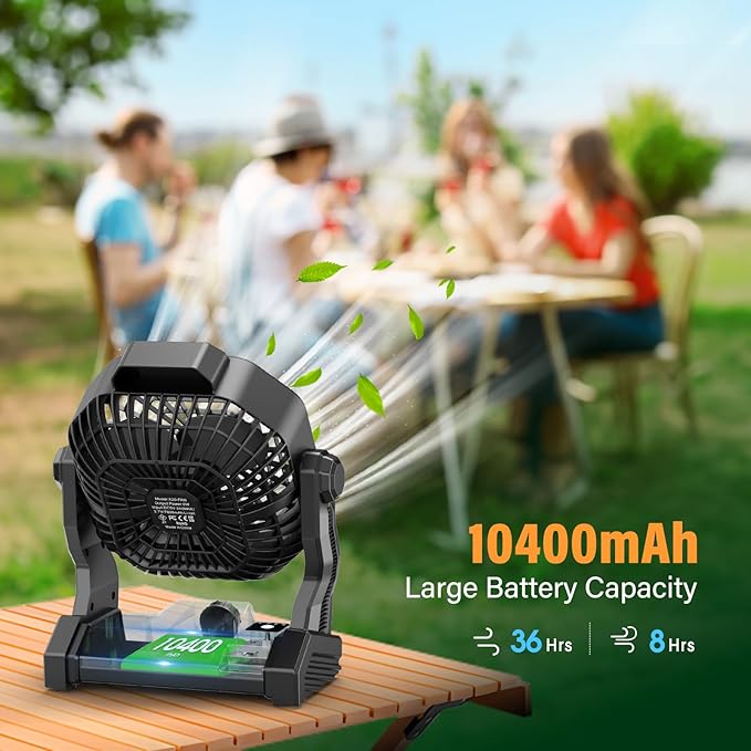 10400mAh Solar Fan with LED Lantern, Camping Fan with 7W Solar Panel, Rechargeable Solar Powered for Outside, Quiet Battery Operated Tent for Picnic, Barbecue, Fishing, Travel