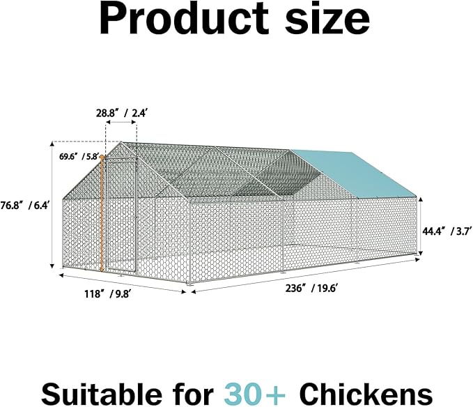 Vipbear Large Metal Chicken Coop Run with Immersed Wire Mesh, Chicken Coop for 8 Chickens Heavy Duty Chicken Run in for Yard with Waterproof Cover and Secure Lock,236'' L x 118''W x 77''H