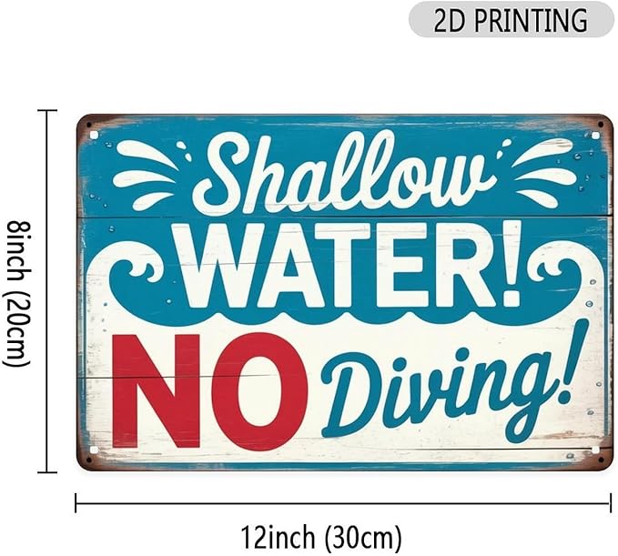 Shallow Water No Diving Tin Sign Vintage Swimming Pool Rules Metal Sign Print Aesthetic for Garden Yard Bar Porch Home Bedroom Kitchen Wall Decor Gift 8 X 12 in