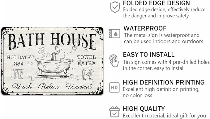 Generic Bath House Metal Tin Signs Hot Bath Towel Extra Wash Relax Unwind Vintage Retro Sign for Home Farmhouse Bathroom Bath Wall Decor Family Bath Gift Plaque 8x12 Inch