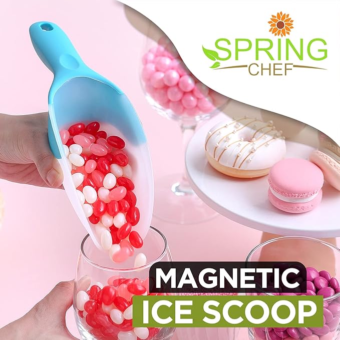 Spring Chef Magnetic Ice Scoop for Freezer, Contoured Translucent BPA-Free Plastic Scoops with Soft Grip Handle, Kitchen Ice Scooper for Dry Goods, Popcorn, Pet Food, Flour - Set of 2 - Aqua Sky