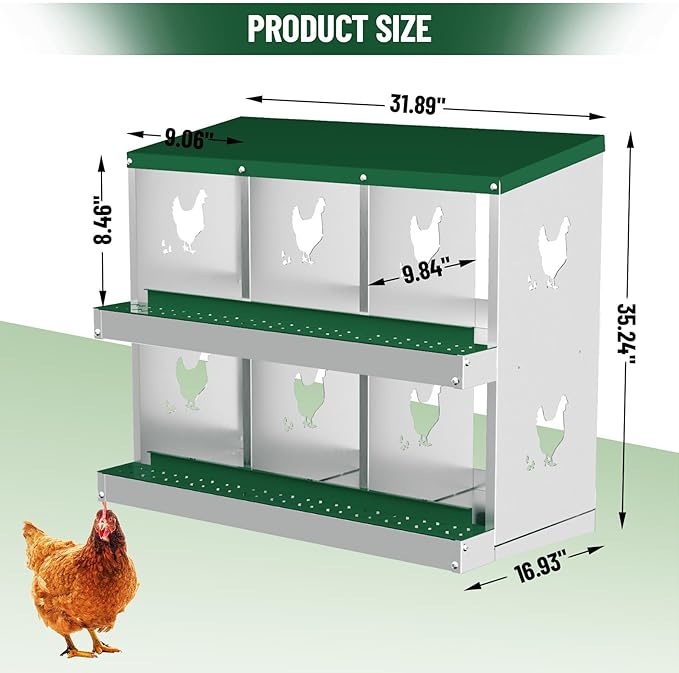 Chicken Nesting Boxes,6 Compartments Galvanized Steel Metal Laying Boxes,Pull-Out Egg Box Easy Egg Collection & Clean,Wall Mount Suitable for Farm Chicken House,Green