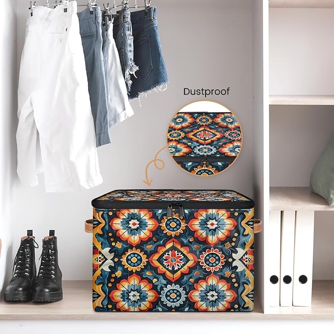 Retro Boho Ethnic Storage Bins with Zipper Lid Fabric Storage Containers for Clothes Collapsible Closet Storage Basket with Metal Frame 1 Pack