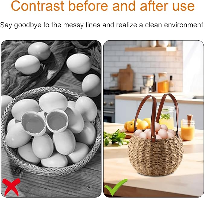 Farmhouse Egg Basket,Large Egg Collecting Basket with Handle,Round Wicker Egg Basket for Gathering and Carrying Fresh Eggs, Egg Holder for Kitchen Countertop,Picnic,Garden