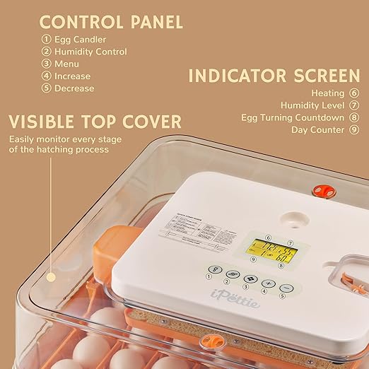 iPettie Nestasy ProHatch56 Egg Incubator with Automatic Egg Turning and Humidity Temperature Control, 56 Eggs Capacity for Hatching Eggs, Chicken Eggs, Duck Eggs, Temperature Adjustment and Alarms