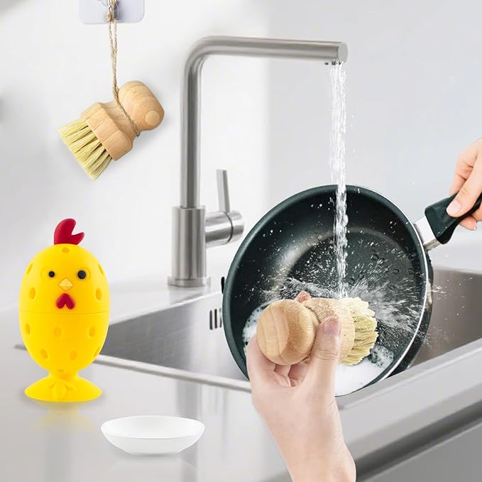 Silicone Egg Brush Cleaner,Multipurpose Fresh Eggs Fruit and Vegetable Rotating Scrubber Tool,and Sisal Wooden Brush with Ceramics Holder Reusable Cleaning Tools for Cleaning Eggs&Vegetables, Pans