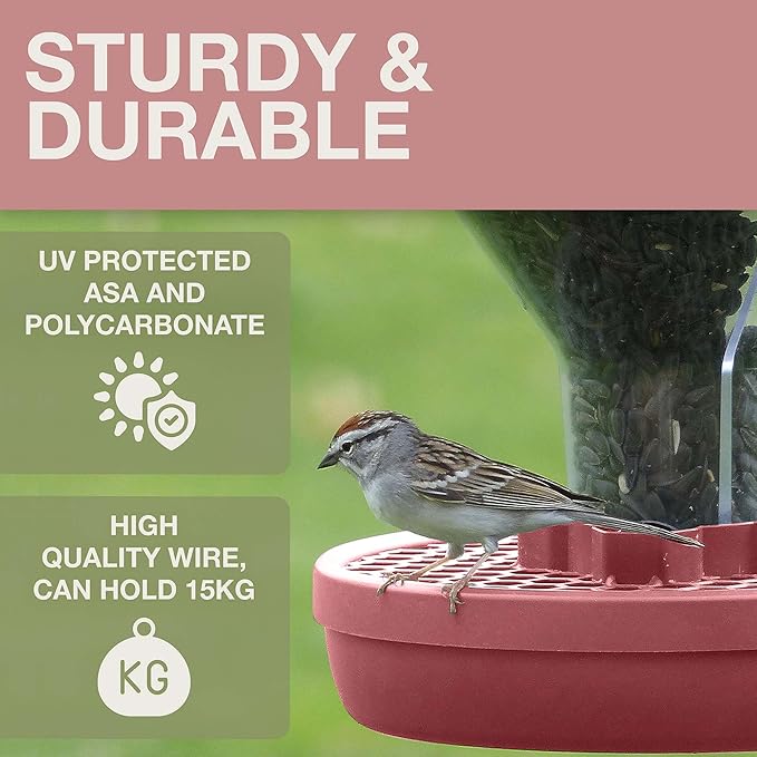 SWISSINNO Bird Feeders - No Mess Hanging Bird Feeder for Outdoors - Smart Birds Davos Spill Proof Wild Cardinal & Small Bird Feeder with Integrated Seed Catcher Tray - Dual Chamber - Dusty Rose
