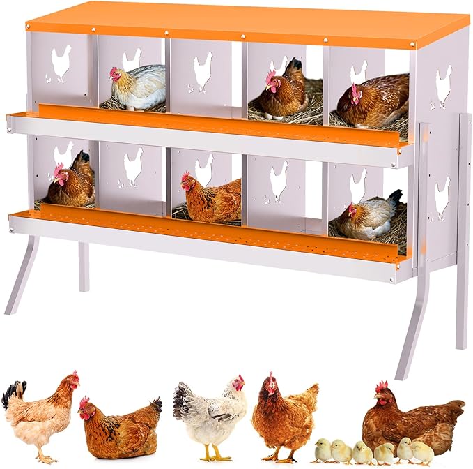 Nesting Boxes for Chickens, Chicken Coop Laying Boxes for Hens with Egg Rollaway System to Protect Eggs, 6/8/10-Hole Galvanized Steel Chicken Nesting Boxes Backyard Farm, Easy to Clean