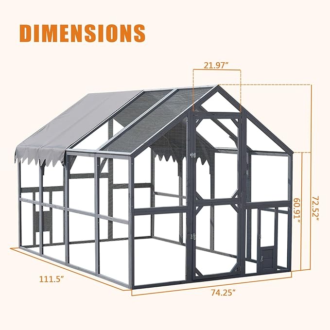 KEIKI 110" L Outdoor Large Chicken Coop with Waterproof Cover, Wire Mesh & 2 Lift Small Doors with Locks, Wood Chicken Coop House with Run for Cat Kitten Playpen, Duck, Rabbit, Quail