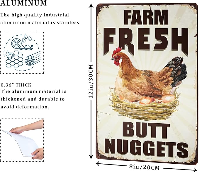 Farm Fresh Butt Nuggets Metal Chicken Coop Sign, Funny Chicken Decor for Country Cottage, Egg Sale Outdoor Wall Art 8x12Inch