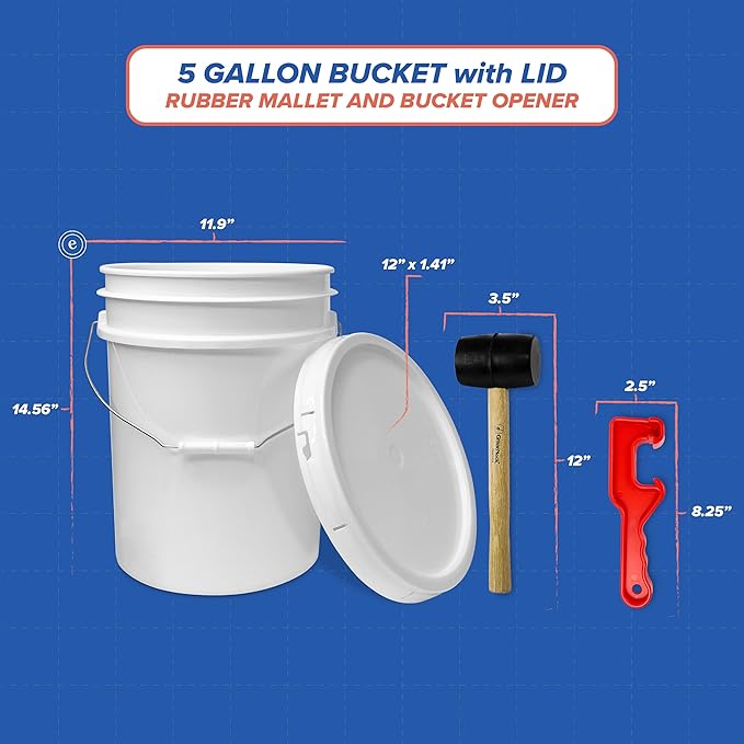 ePackageSupply 5 Gallon Plastic Bucket with Airtight Lid | Made in USA | Food Grade Bucket | BPA-Free | Heavy Duty 90 Mil All Purpose Pail | One 12" Rubber Mallet & One Lid Opener Included | 1 Pack