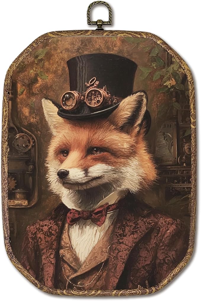 Hxlac Vintage Fox Rectangular Wall Art Framed, Dark Moody Fox Rectangular Wall Decor, Rustic Farm Animal Hanging Canvas Prints Wall Sculptures for Farmhouse Home Living Room Bedroom Decor, 7.1x10.2 Inch