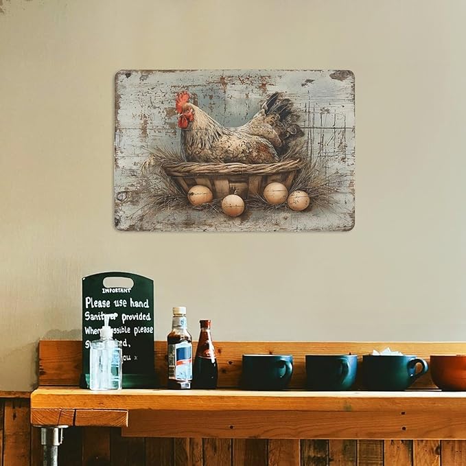 Rustic Farmhouse Hen Chicken in Basket with Eggs tin sign Vintage Rustic Farmhouse Chicken and Eggs metal sign print Suitable for room bathroom cave bar cafe garage garden and outdoor decoration