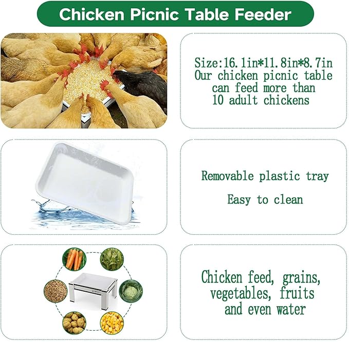 Large Chicken Feeder Starter Kit with Removable Plastic Tray,Chicken Picnic Table Feeders No Waste,Coop Accessories for Real Chickens Supplies