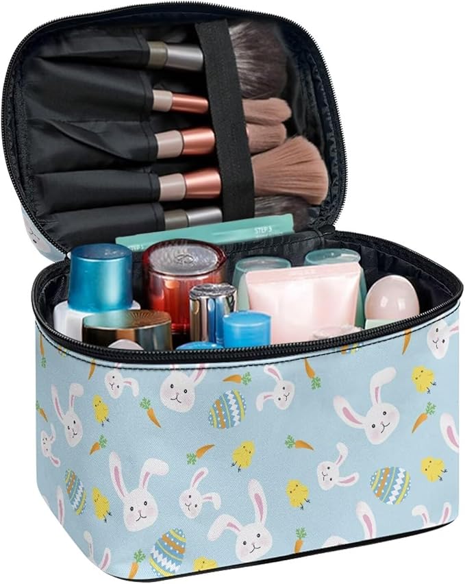 Rabbit Chicken Easter Eggs Carrot Print Travel Makeup Bags for Women Portable Tote Cosmetic Case with Carry Handle Toiletry Accessories Storage Organizer Bags Blue
