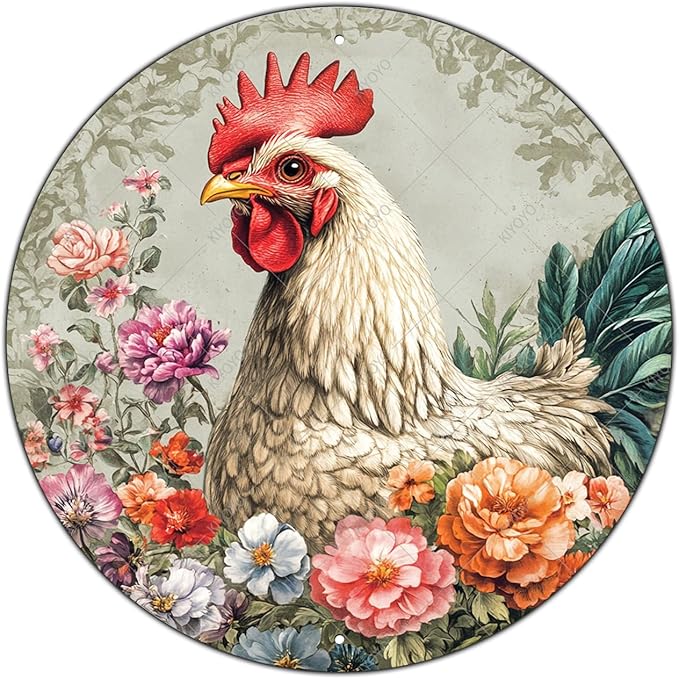 Chicken Coop Hen Round Vintage Metal Tin Sign Flower Kitchen Farmhouse Wall Signs Vintage Wall Art Decoration Poster for Chicken Lovers Decor 8 Inch