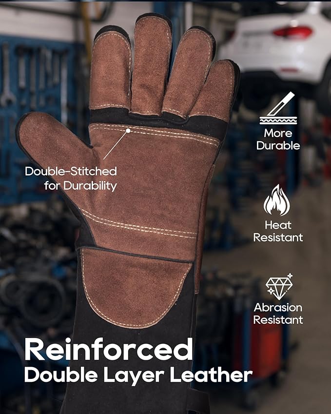 TOPDC Welding Gloves 16Inch 1000℉Heat/Fire Resistant Reinforced Leather Fireproof Gloves with Kevlar Stitching for Mig, Tig, Stick, Forge, BBQ, Grill, Oven, Fireplace, Furnace, Animal Handling, SMALL