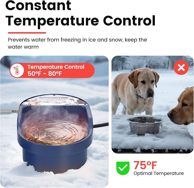 2.5L Heated Water Bowl for Dogs, Outdoor Heated Dog Bowl Thermostatic Control Heated Pet Bowl for Outside Heated Chicken Waterer Heated Pet Waterer for Chicken, Duck, Goose, Rabbit