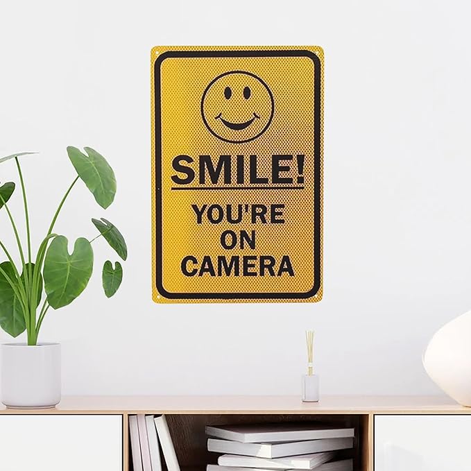 Vintage Metal Tin Sign Smile! You're On Camera With Graphic,Black On Yellow Road Business Sign 12x16 Inches Traffic Tin Painting