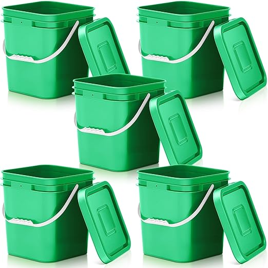 Mumufy 5 Pcs 3.5 Gallon Square Food Grade Bucket with Lid Square Bucket Pail Plastic Handles for Long Term Food Storage, Camping, Fishing, Home Organization Easy Stack and Store (Green)
