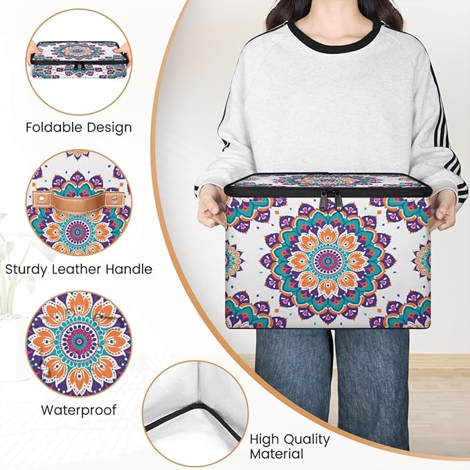 Floral Boho Storage Bins with Zipper Lid Fabric Storage Containers for Clothes Collapsible Closet Storage Basket with Metal Frame 2 Pack