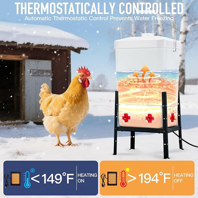 Heated Chicken Waterer, Thermostatic Water Heater 3 Gallon, 4 Horizontal Nipples, 5FT Power Cord, Detachable Legs, Outdoor Winter-Proof Poultry Water Heater for Chickens, Ducks, Geese