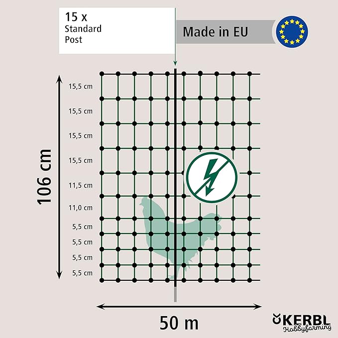 Kerbl Poultry Net (50 m, Height 106 cm, Non-Electrical, Reinforced Top Line, 15 Plastic Stakes) 292276