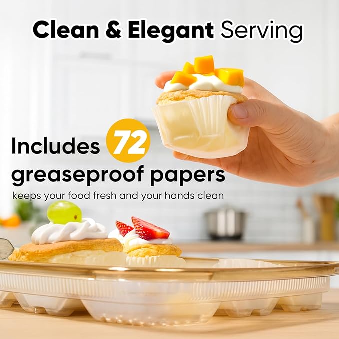 77L 72 Eggs Clear Deviled Egg Tray with Lid – Gold Plastic Party Serving Tray with Greaseproof Paper for Deviled Eggs, Sushi & Desserts