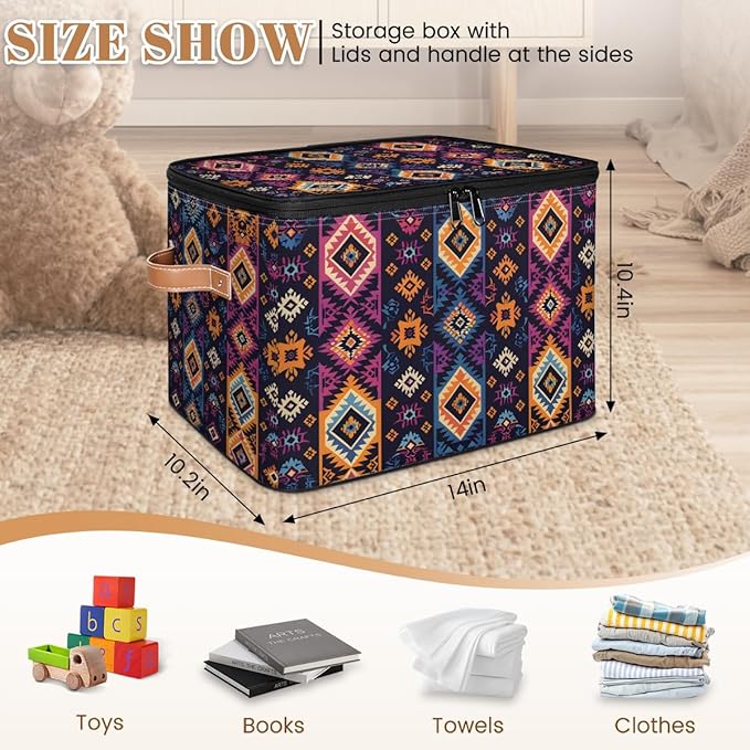 Boho Bohemia Style Storage Bins with Zipper Lid Fabric Storage Containers for Clothes Collapsible Closet Storage Basket with Metal Frame 2 Pack