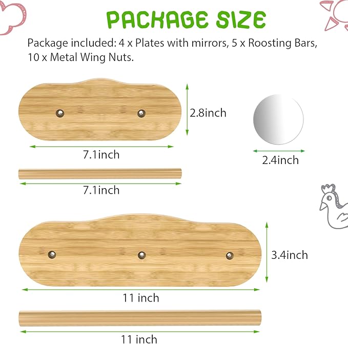 Bamboo Chick Perch with Mirror and Mini Roosting Bar Set for coop and brooder(2 Pack), Training Perch for Large Bird, Hens, Parrots, Macaw, Easy to Assemble and Clean,Fun Toys for Chicken