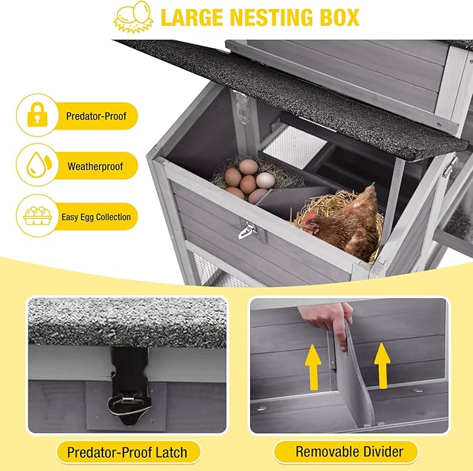 Aivituvin Large Chicken Coop with Wheels, Outdoor Hen House Mobile Poultry Cage with Run, Weatherproof Asphalt Roof, Sectionable Nesting Box, Leakproof Pull-Out Tray for 4-6 Chickens - Grey